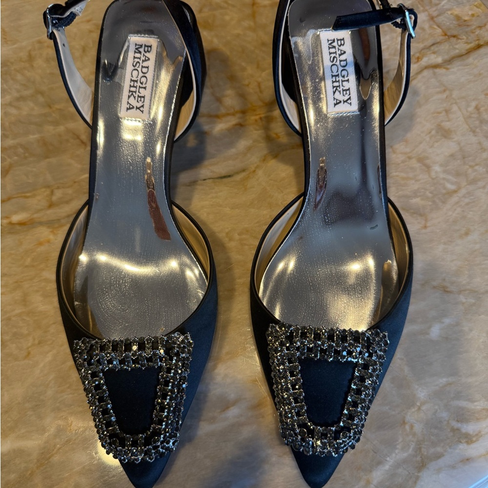 Badgley Mischka Black Satin Heels with Embellishments